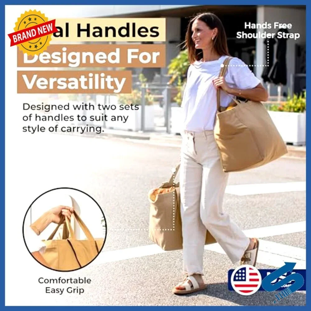 Heavy Duty Canvas Grocery Tote Set with Pockets Foldable Washable Utility